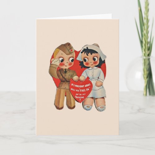 Vintage Soldier and Nurse Valentine Greeting Card