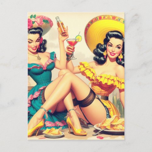 Vintage Sombrero Girls Postcard