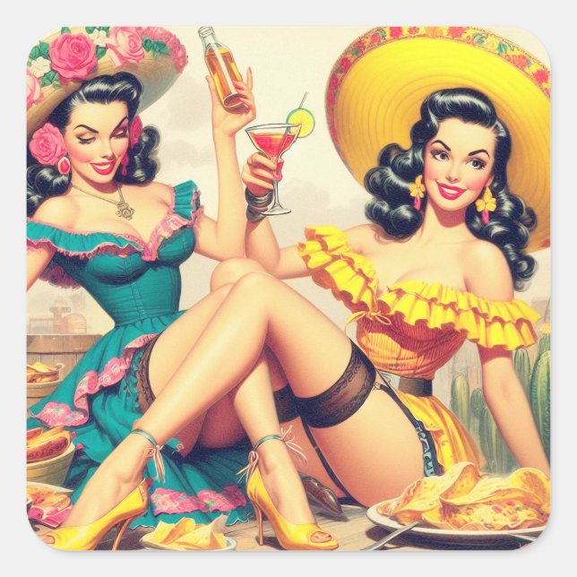 Vintage Sombrero Girls Square Sticker (Front)