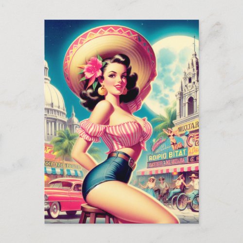 Vintage Sombrero Pin Up Illustration Postcard