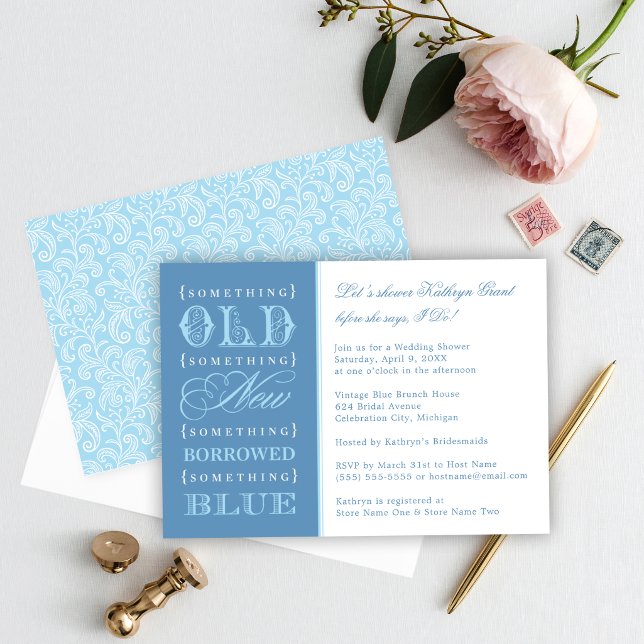 Vintage Something Blue Wedding Bridal Shower Invitation