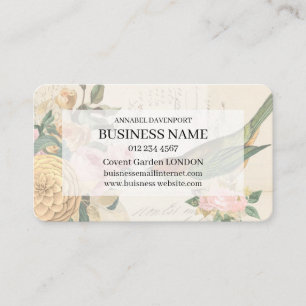 Vintage songbird and gold and blush pink roses business card