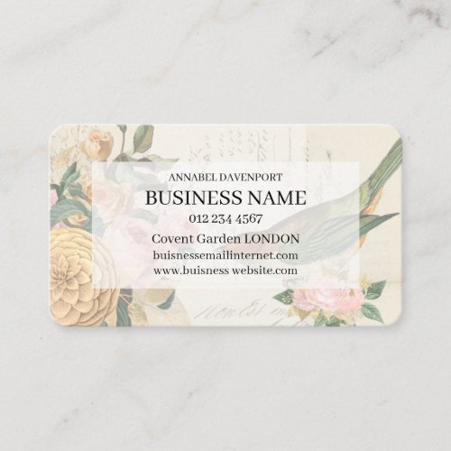 Vintage songbird and gold and blush pink roses business card