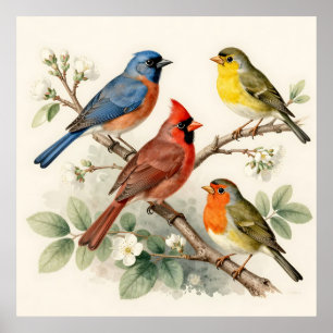 Vintage Songbird Blossom Branch Illustration Poster