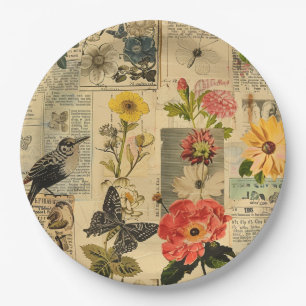 Vintage Songbird Floral Newspaper Collage Paper Plates