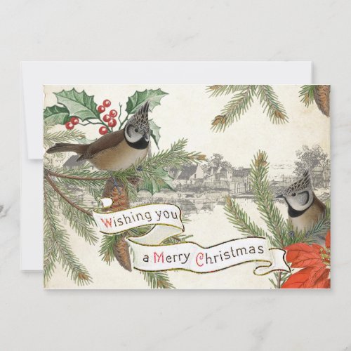 Vintage Songbird Merry Christmas Village Evergreen Holiday Card