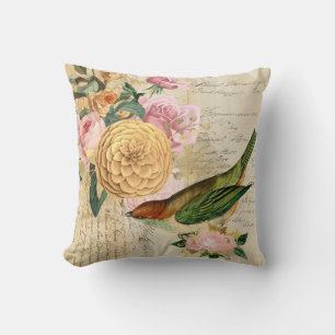 Vintage songbird roses gold blush pink throw pillow
