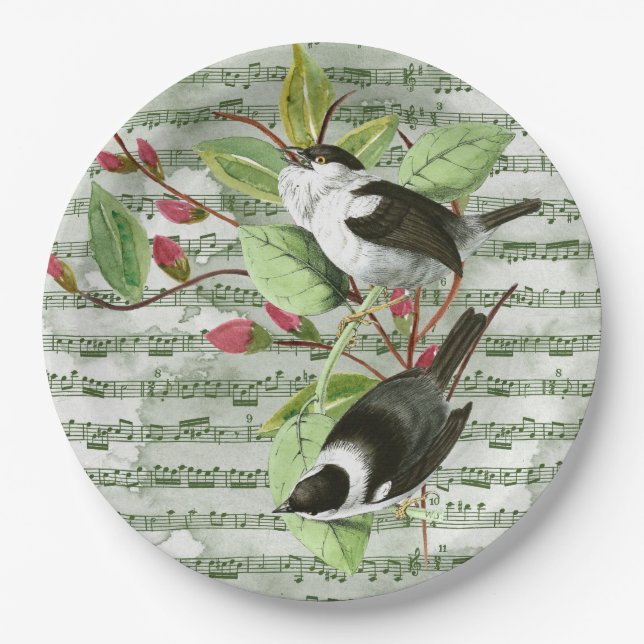Vintage Songbirds on Sheet Music Paper Plates (Front)