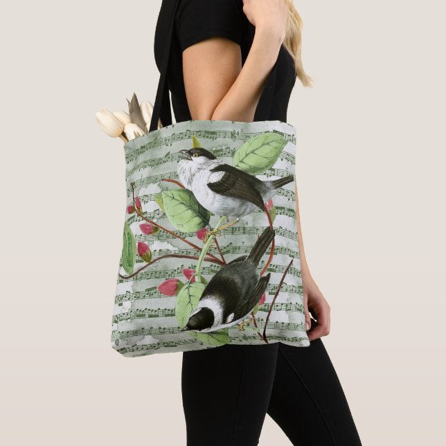 Vintage Songbirds on Sheet Music Tote Bag (Close Up)
