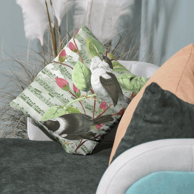 Vintage Songbirds & Sheet Music Throw Pillow (Creator Uploaded)