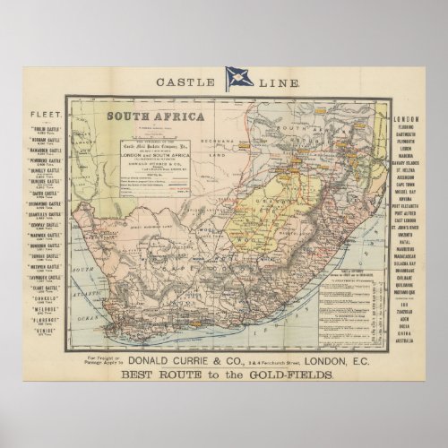 Vintage South Africa Resource Map 1889 Poster