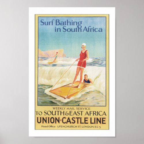 Vintage South Africa Surfing Travel Poster Print