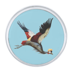 Vintage South African Crowned Crane Flying Art Silver Finish Lapel Pin