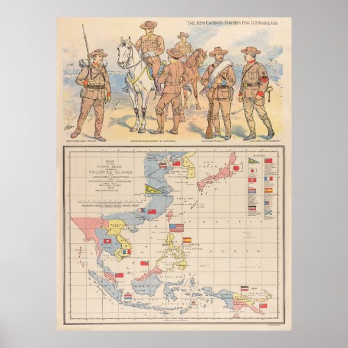 Vintage South Pacific Spanish American War Map Poster