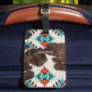 Vintage South Western Cowhide Aztec Pattern Luggage Tag