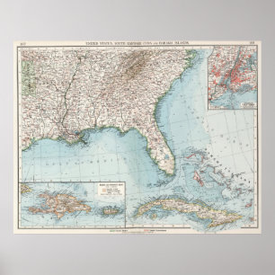 Vintage Southeastern US and Caribbean Map (1900) Poster