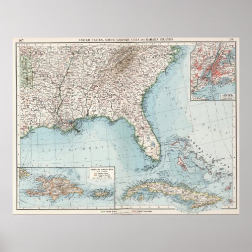 Vintage Southeastern US and Caribbean Map 1900 Poster