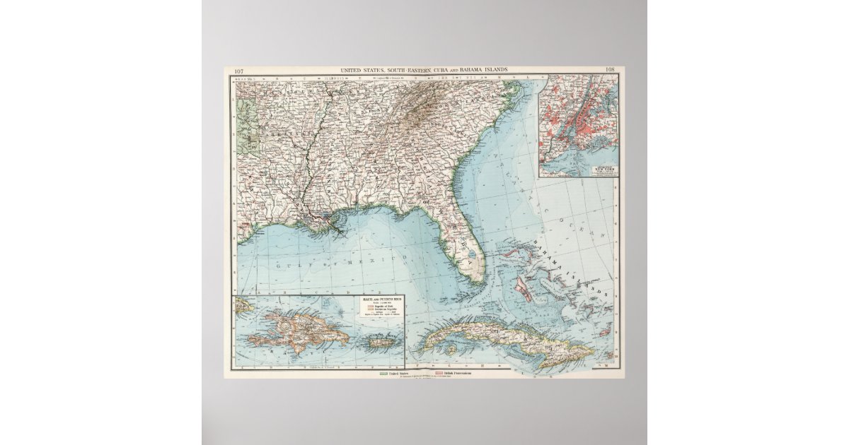 Vintage Southeastern Us And Caribbean Map 1900 Poster Zazzle Com