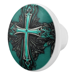 Vintage Southern Teal Western Country Cross Ceramic Knob