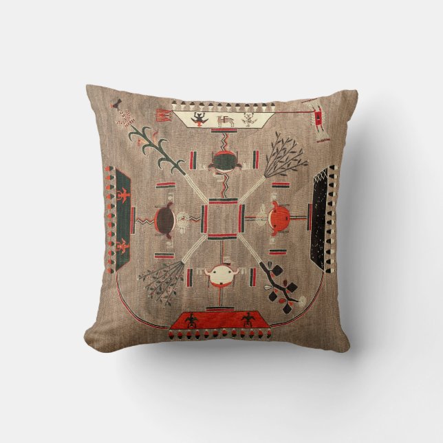 Vintage Southwestern Art Navajo Sandpainting Rug Throw Pillow (Front)