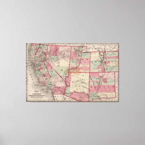 Vintage Southwestern United States Map 1869 Canvas Print