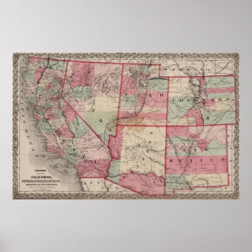 Vintage Southwestern United States Map 1869 Poster