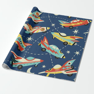 Vintage space cars seamless vintage pattern on dar wrapping paper
