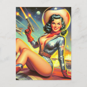 Vintage Space Cowgirl Pin Up Postcard