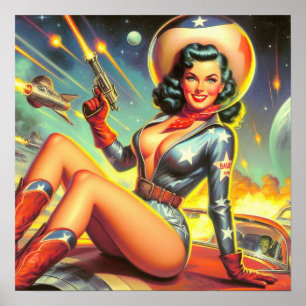 Vintage Space Cowgirl Pin Up Poster