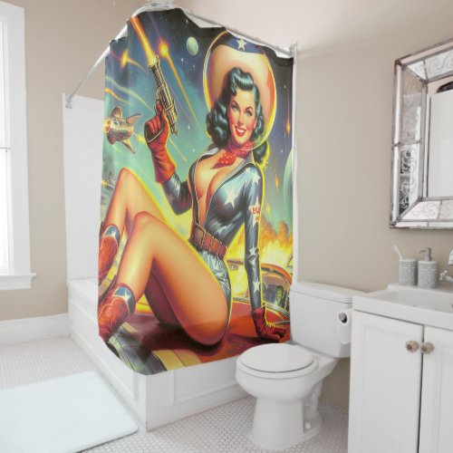 Vintage Space Cowgirl Pin Up Shower Curtain