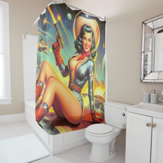 Vintage Space Cowgirl Pin Up Shower Curtain (In Situ)