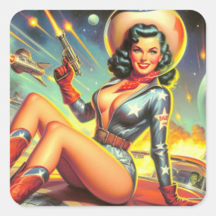Vintage Space Cowgirl Pin Up Square Sticker
