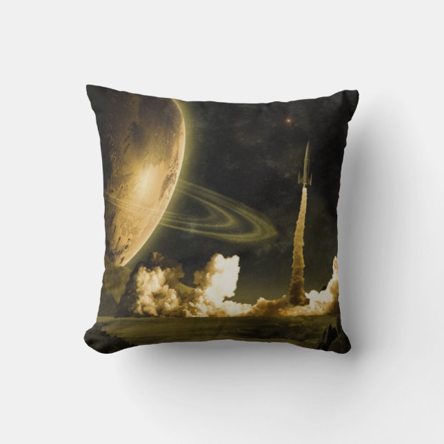 Vintage Space Launch Throw Pillow (Front)