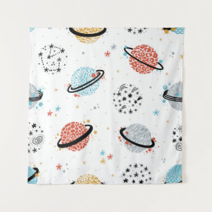 vintage Space Seamless Pattern with Doodle Saturn Tapestry