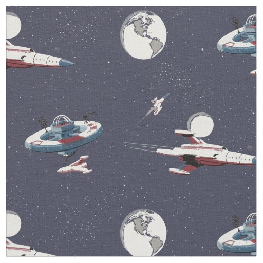 Vintage Space Stations, Rockets, Planets & Stars Fabric