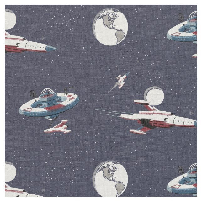 Vintage Space Stations, Rockets, Planets & Stars Fabric (Close Up)