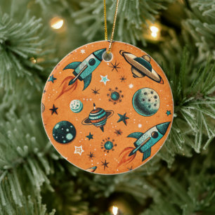 Vintage Spacecraft Rocket Ships Pattern -Cosmos(1) Ceramic Ornament
