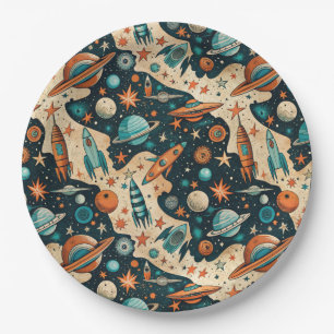 Vintage Spacecraft Rocket Ships Pattern -Cosmos(4) Paper Plates