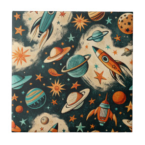 Vintage Spacecraft Rocket Ships Pattern -Cosmos(6) Ceramic Tile