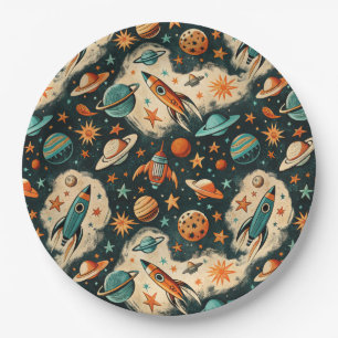 Vintage Spacecraft Rocket Ships Pattern -Cosmos(6) Paper Plates