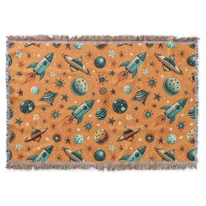 Vintage Spacecraft Rocket Ships Pattern -Cosmos Throw Blanket