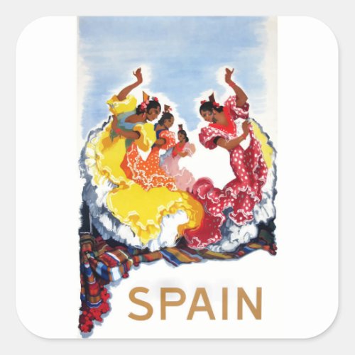 Vintage Spain Flamenco Dancers Travel Poster Square Sticker