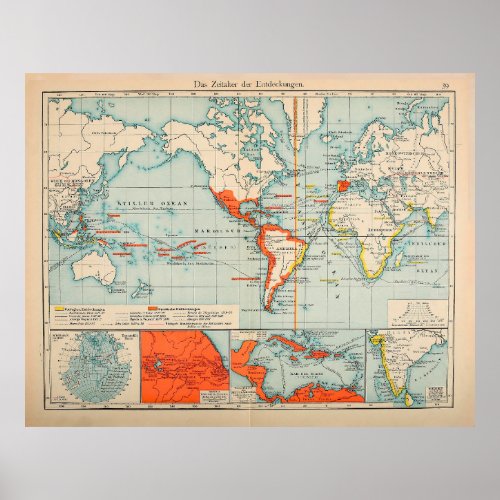 Vintage Spain  Portuguese Colonies World Map Poster