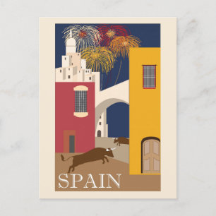Vintage Spain Running of the Bulls Travel Postcard