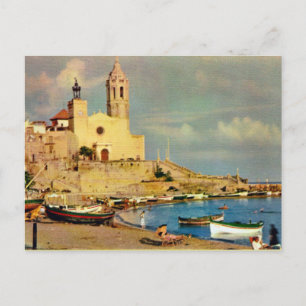 Vintage Spain, Sitges, cathedral and waterfront Postcard