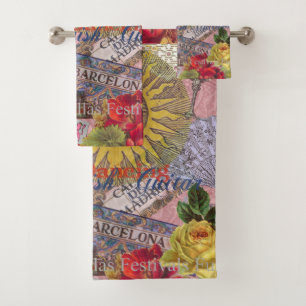 Vintage Spain Sunshine Travel Collage Retro Europe Bath Towel Set