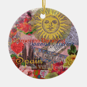 Vintage Spain Sunshine Travel Collage Retro Europe Ceramic Ornament