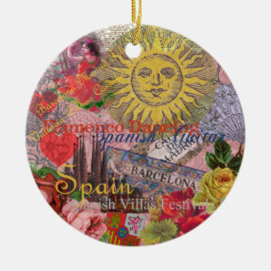 Vintage Spain Sunshine Travel Collage Retro Europe Ceramic Ornament