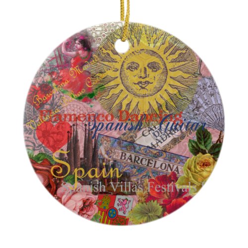 Vintage Spain Sunshine Travel Collage Retro Europe Ceramic Ornament