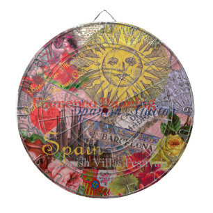 Vintage Spain Sunshine Travel Collage Retro Europe Dartboard With Darts